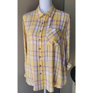 C&C California Top Women Medium Yellow Purple Plaid Long Sleeve Button Up Spring